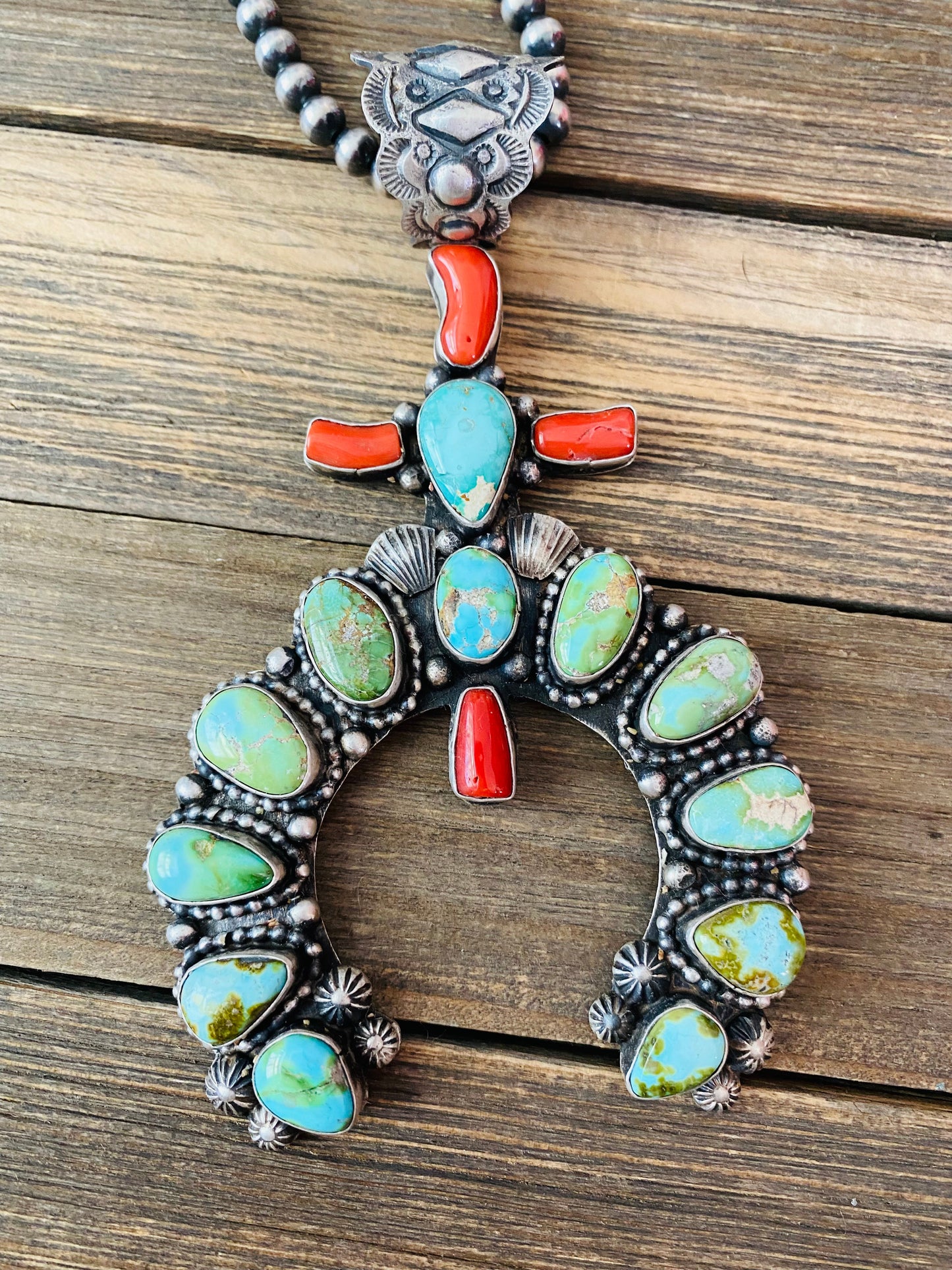 Shawn Cayatenito Navajo Sterling Silver, Sonoran Mountain Turquoise & Coral Naja Pendant