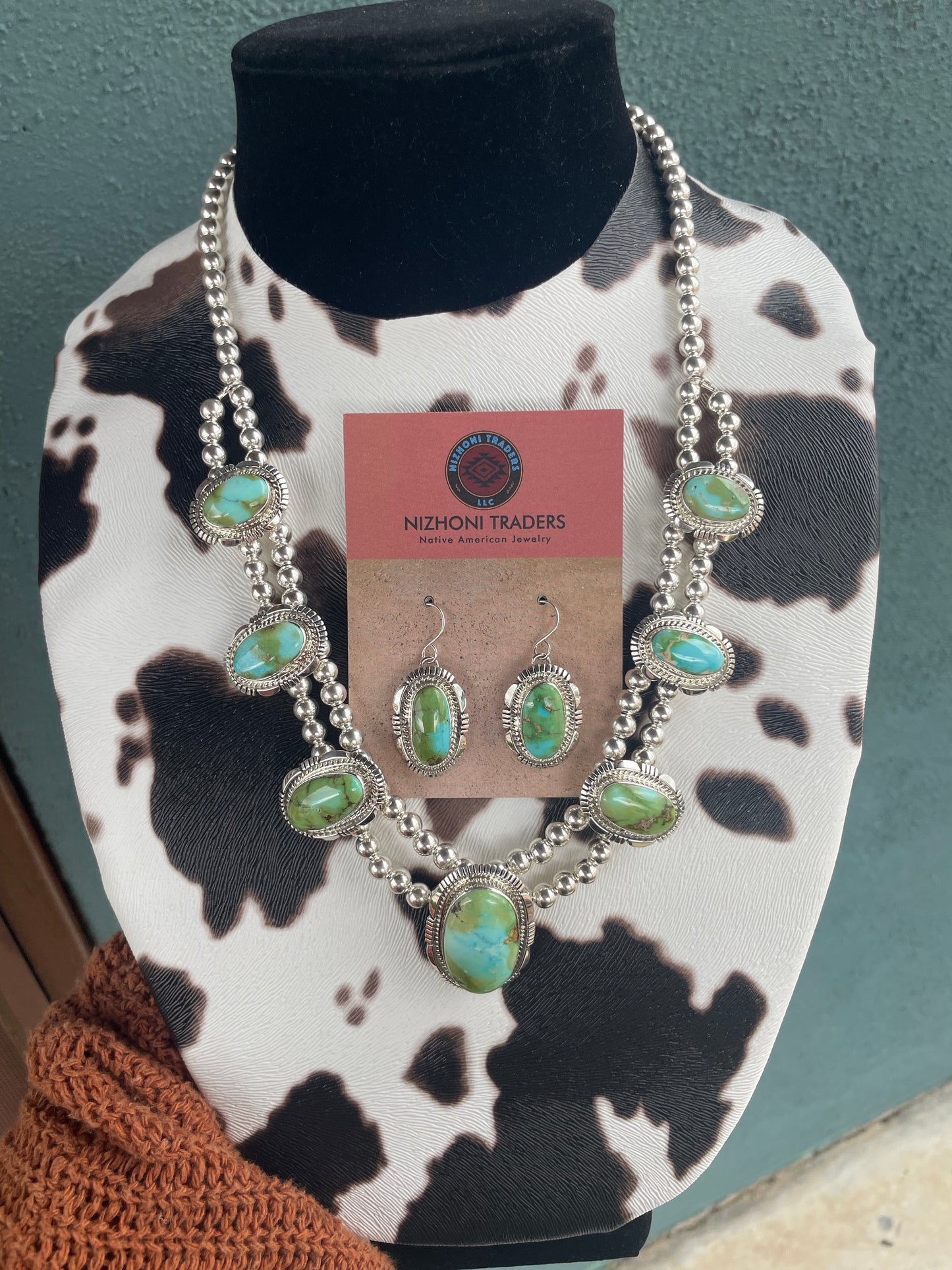 Beautiful Navajo Sterling Silver Sonoran Mountain Turquoise Necklace & Earring Set