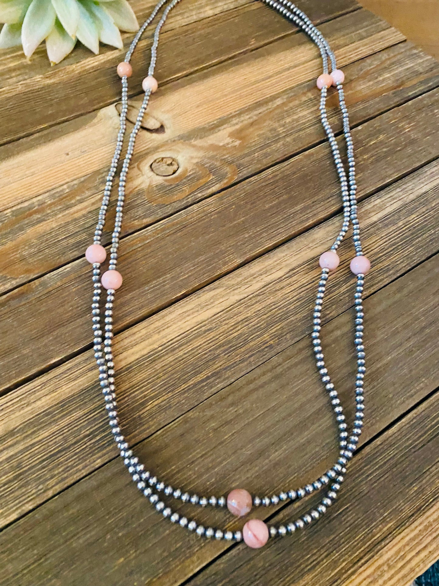 Navajo Sterling Silver Pearl & Pink Opal Beaded Necklace 72 inch