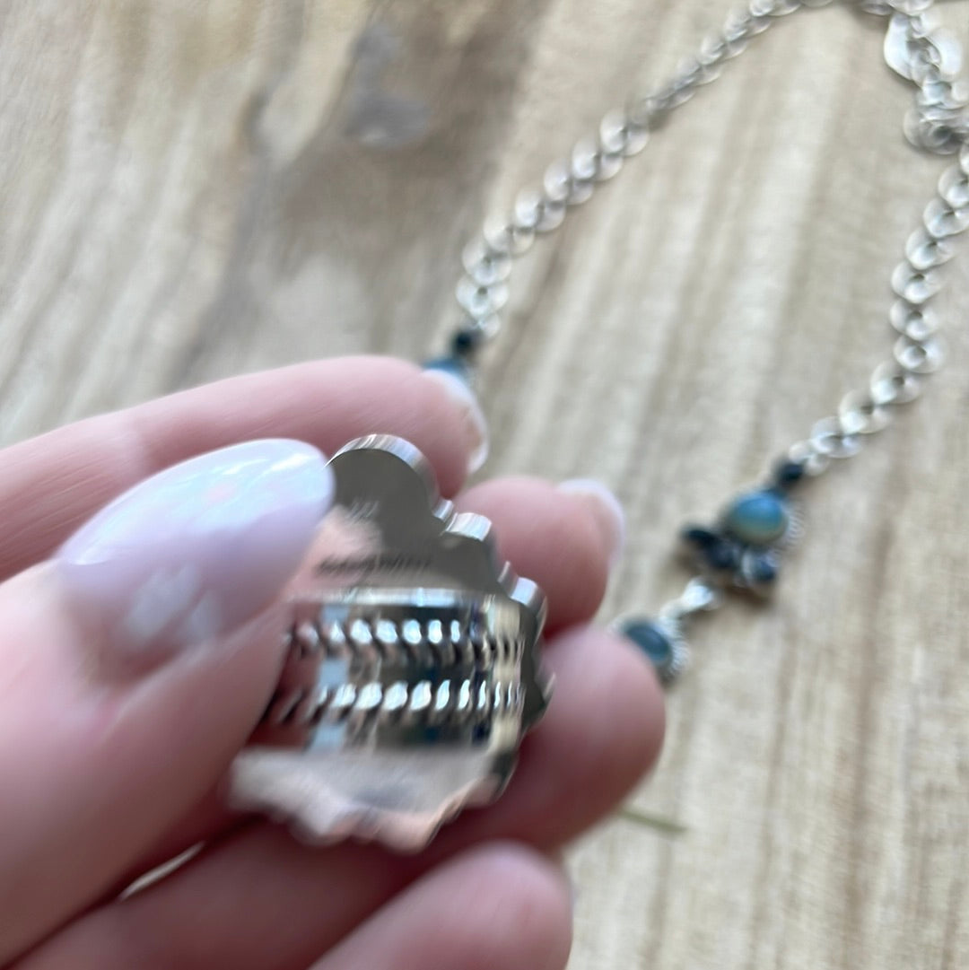 Handmade Sterling Silver Aqua Calcedony & Onyx Necklace Earrings Ring Set Signed Nizhoni