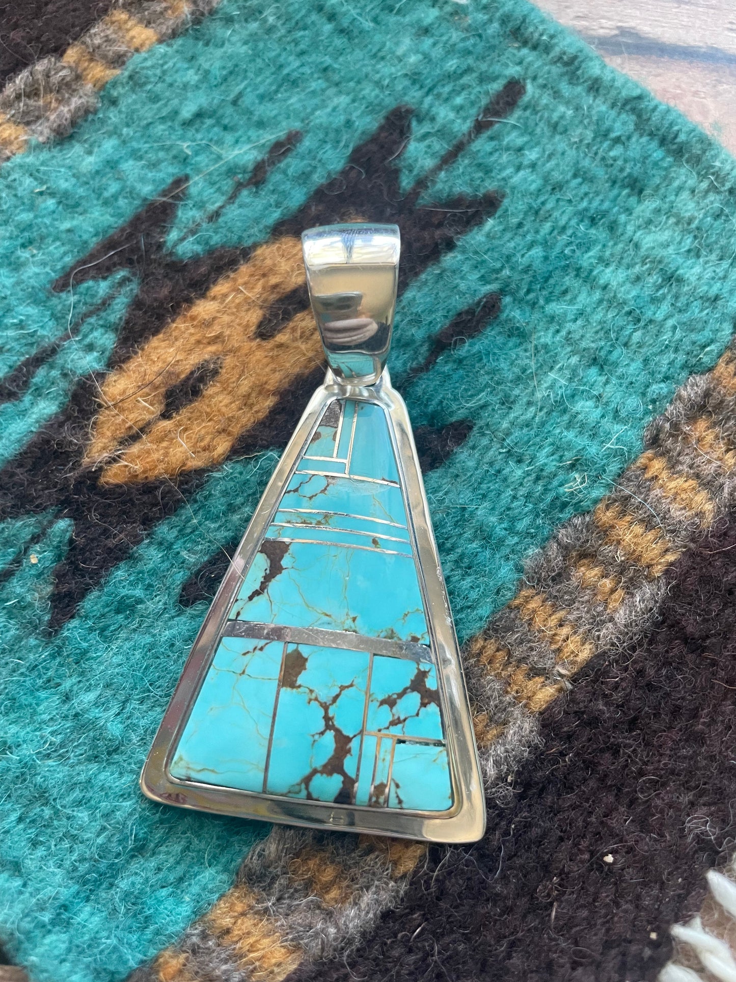Navajo Number 8 Turquoise Inlay & Sterling Silver Triangle Pendant