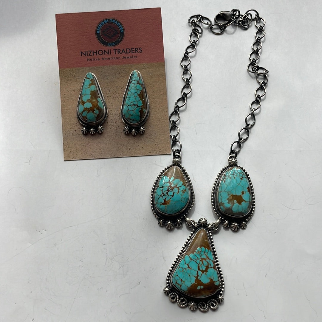 Navajo Number 8 Turquoise & Sterling Silver Necklace Earrings Set Signed