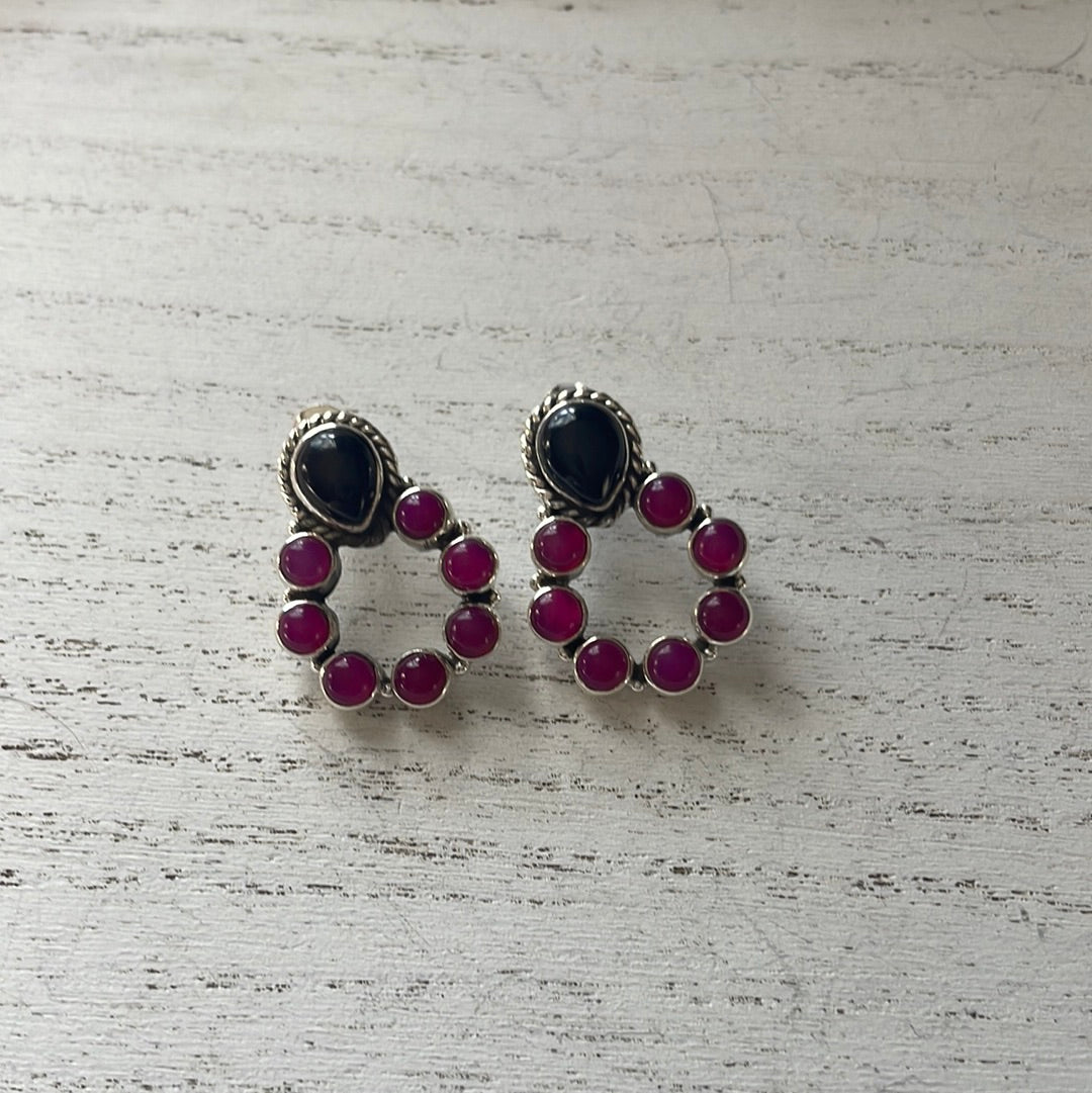Beautiful Handmade Pink & Black Onyx & Sterling Silver Post Earrings Signed Nizhoni