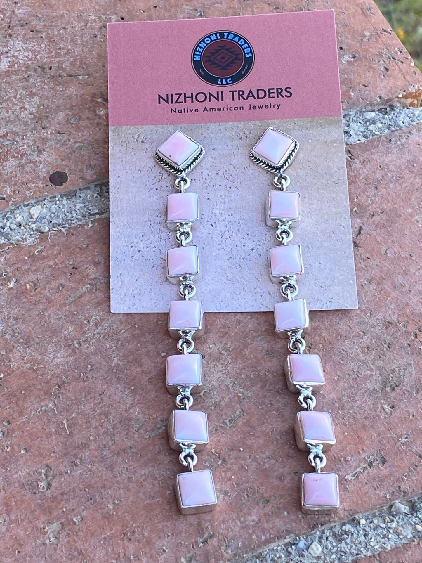 Navajo Sterling Silver Pink Conch Square Dangle Earrings Signed