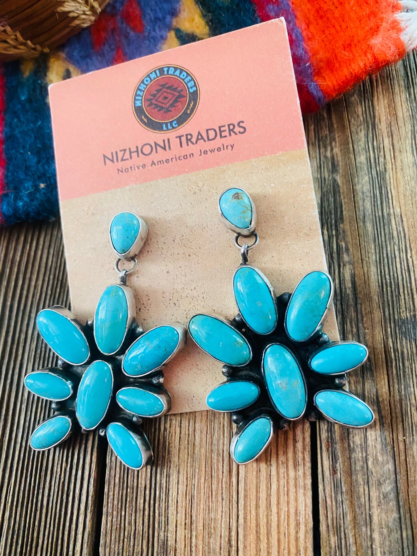 Navajo Turquoise & Sterling Silver Cluster Dangle Earrings