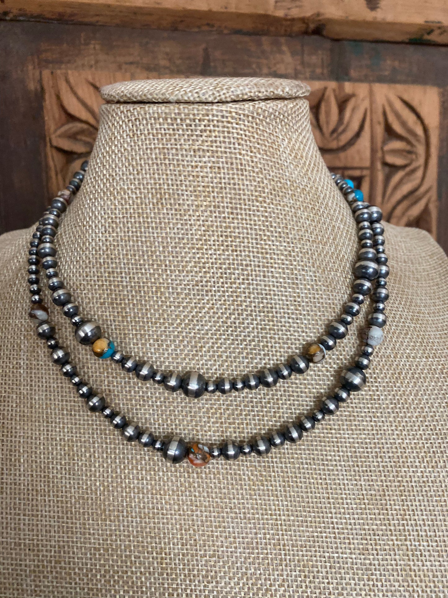 Navajo Turquoise & Spiny Spice Sterling Silver Beaded Necklace 30 inch
