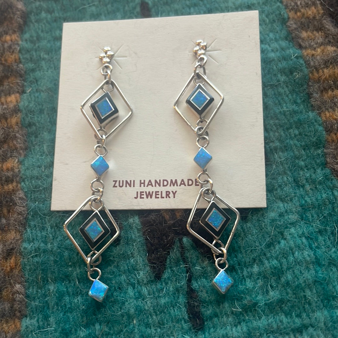 Zuni Sterling Silver & Blue Fire Opal Inlay Dangle Earrings