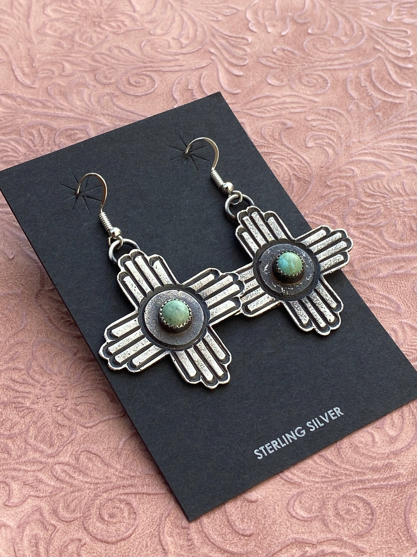 Navajo Turquoise & Sterling Silver Zia Dangle Earrings By Kevin Billah
