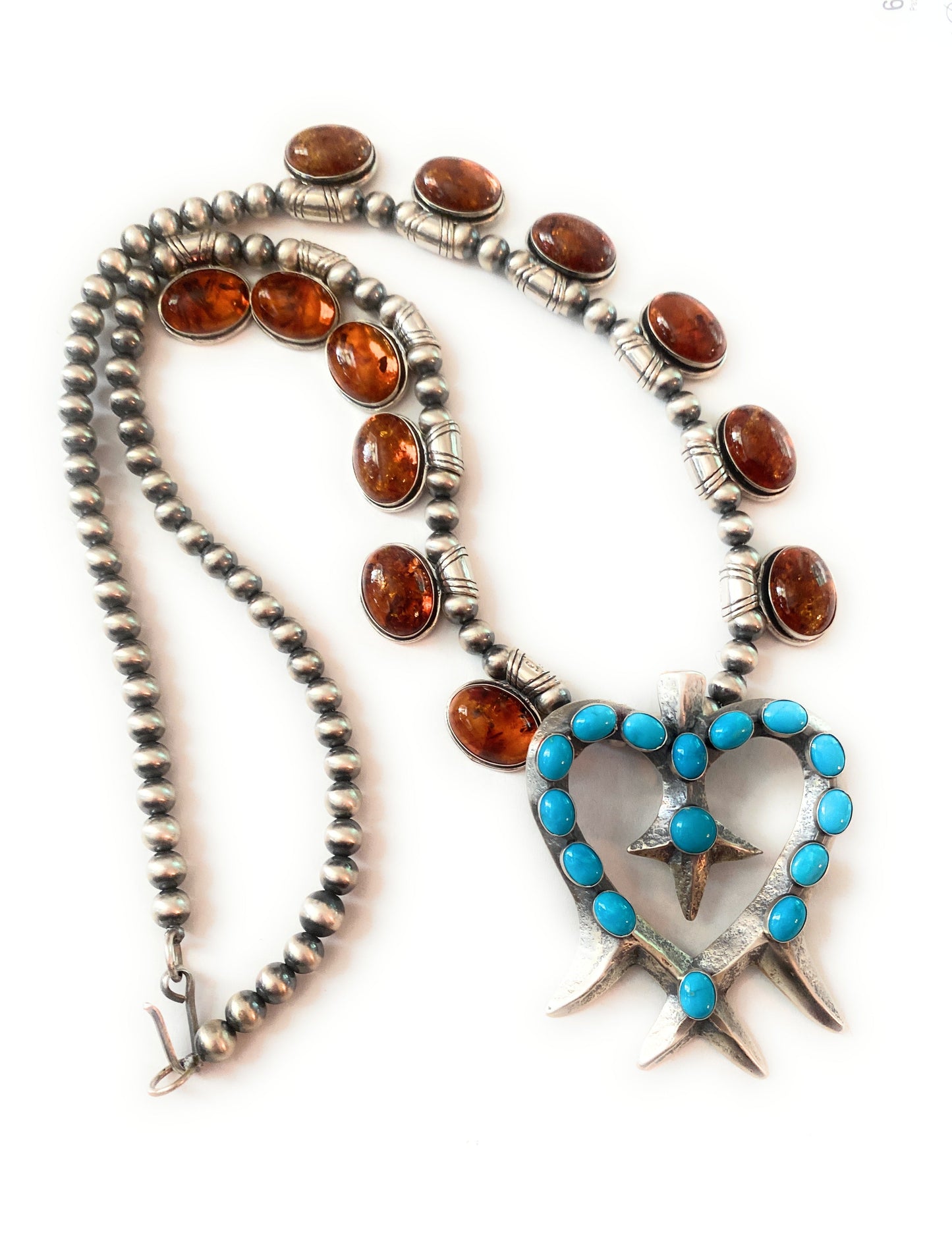 Beautiful Turquoise & Sterling Silver Squash Blossom Style Necklace