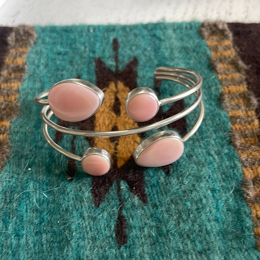 Navajo 4 Stone Pink Conch & Sterling Silver Adjustable Cuff Bracelet Signed