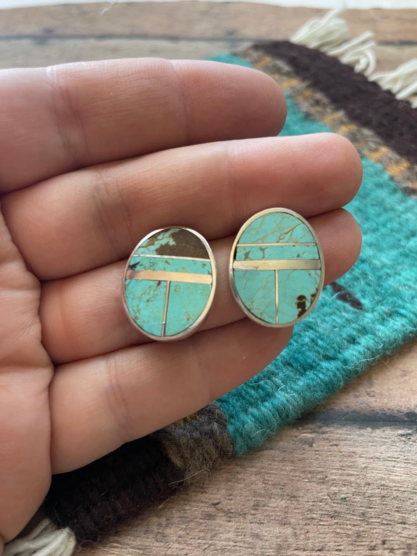 Navajo Number 8 Turquoise Inlay & Sterling Silver Post Earrings Signed