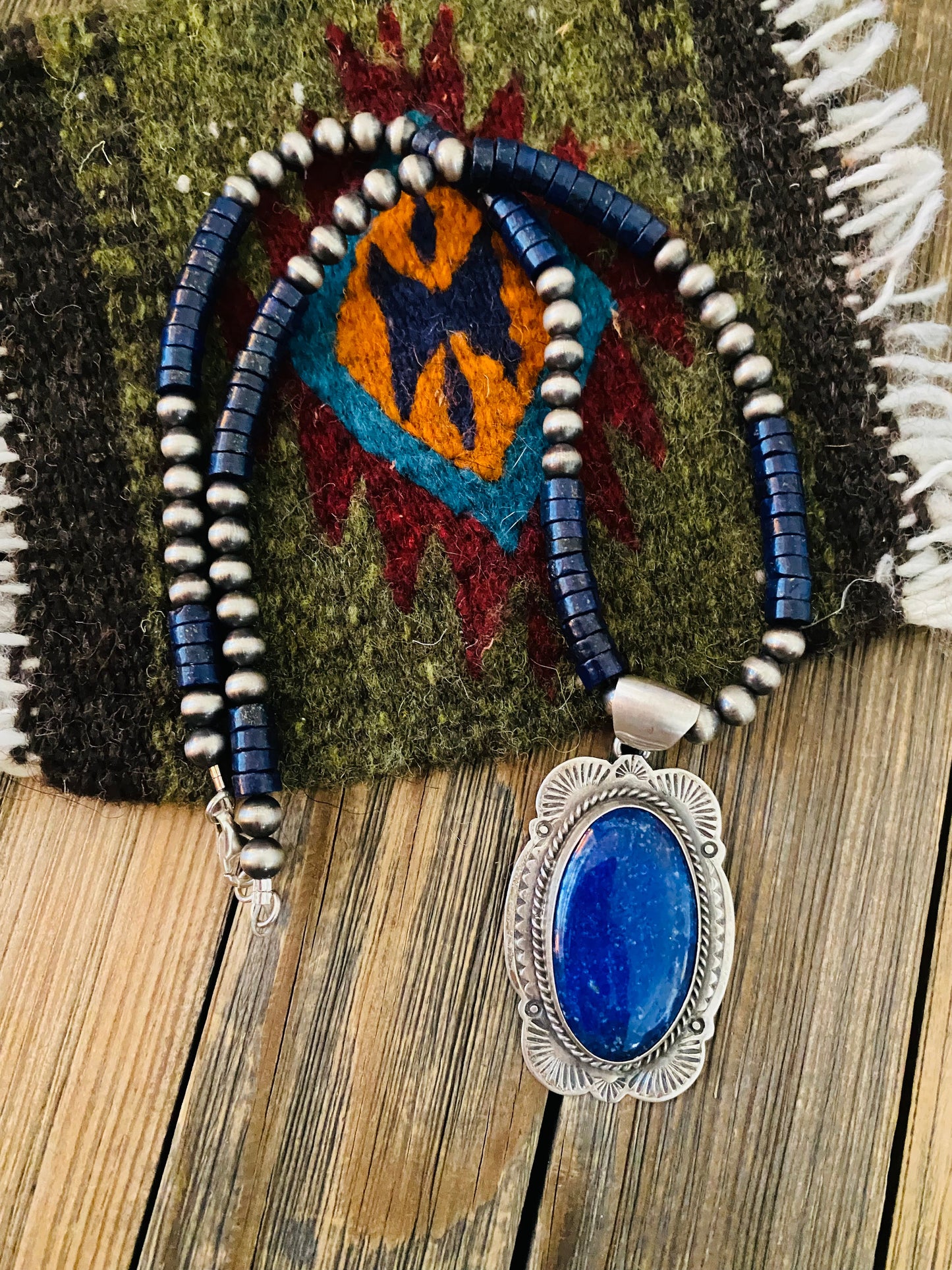 Navajo Sterling Silver & Lapis Beaded Necklace