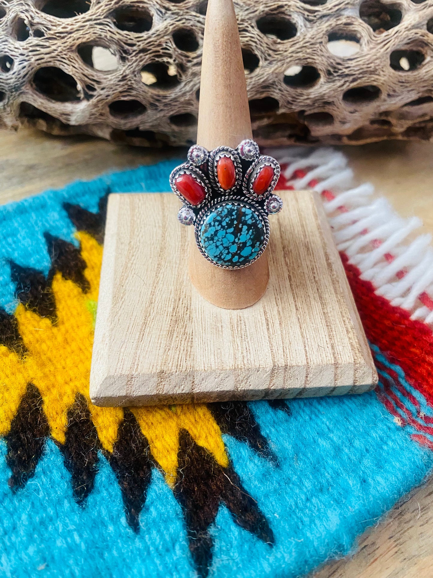 Handmade Sterling Silver, Coral & Number 8 Turquoise Adjustable Ring