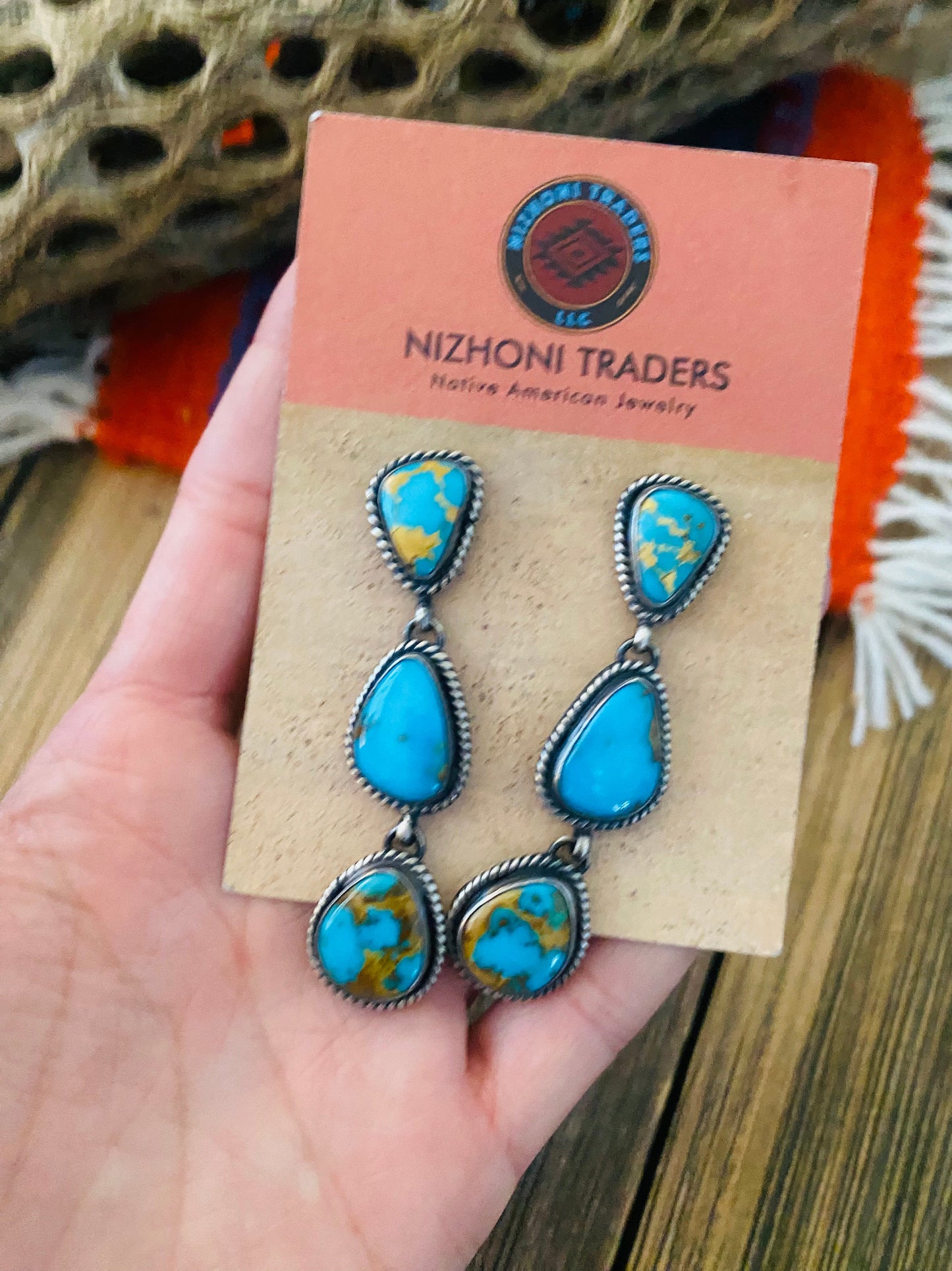 Navajo Sterling Silver & Kingman Turquoise Dangle Earrings