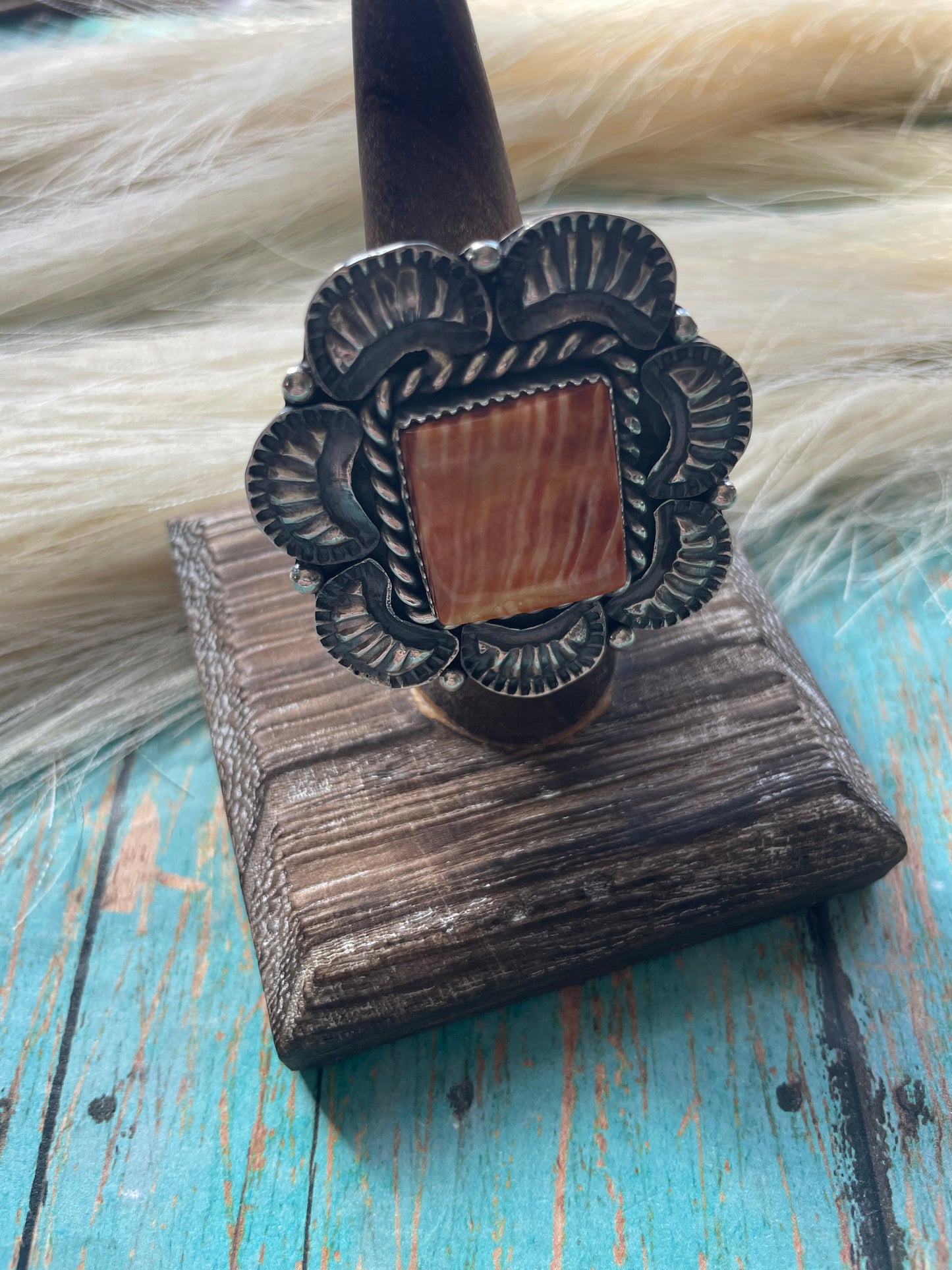 Kevin Billah Navajo Sterling & Orange Spiny Flower Ring Adjustable