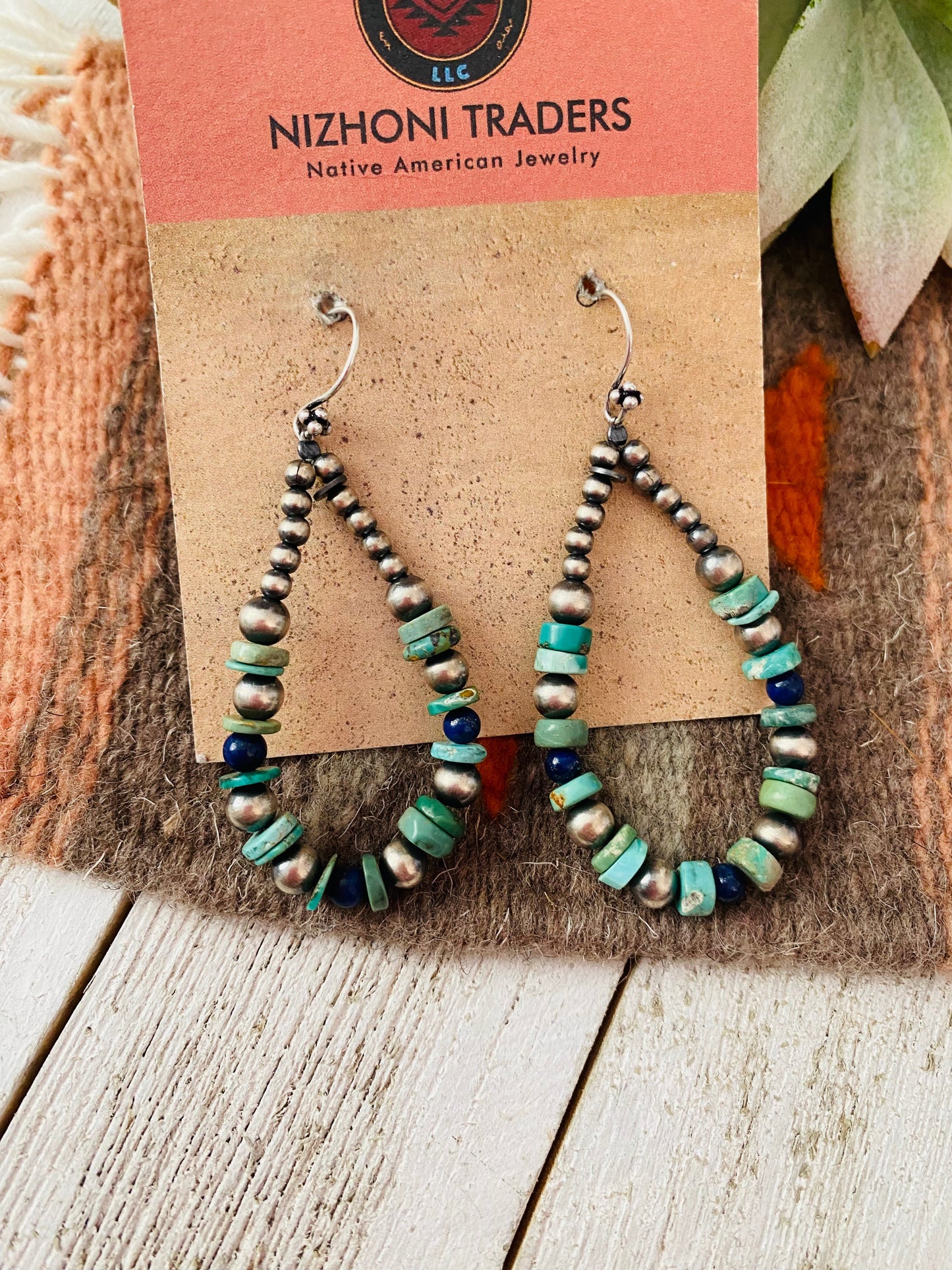 Handmade Turquoise, Lapis And Sterling Silver Beaded Dangle Earrings