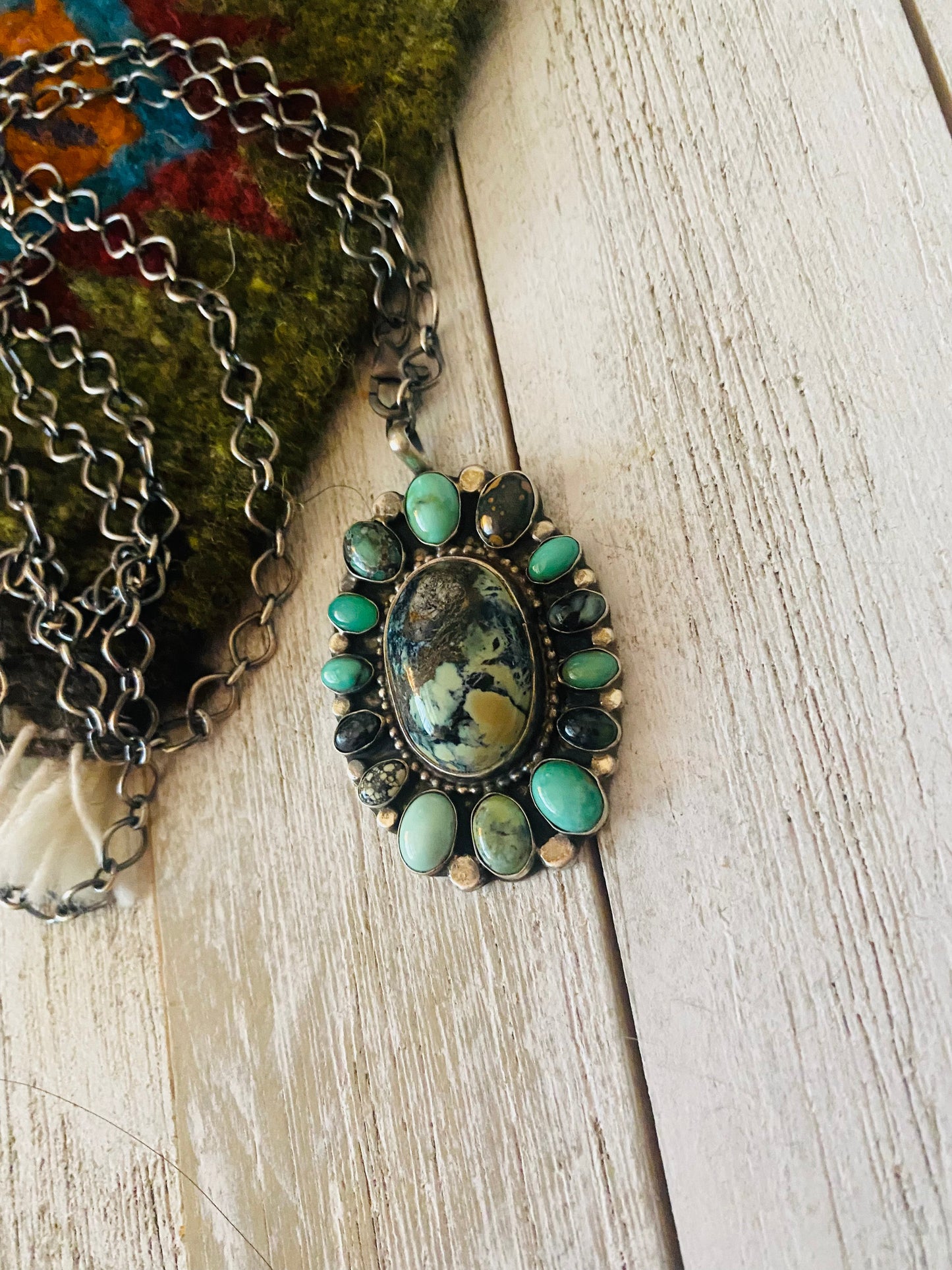 Navajo Sterling Silver & Tibetan Turquoise Cluster Necklace