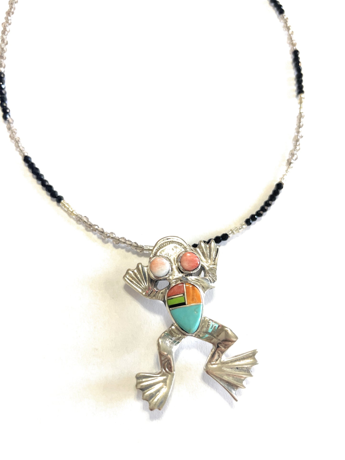 Navajo Multi Stone Inlay & Sterling Silver Frog Pendant Pin