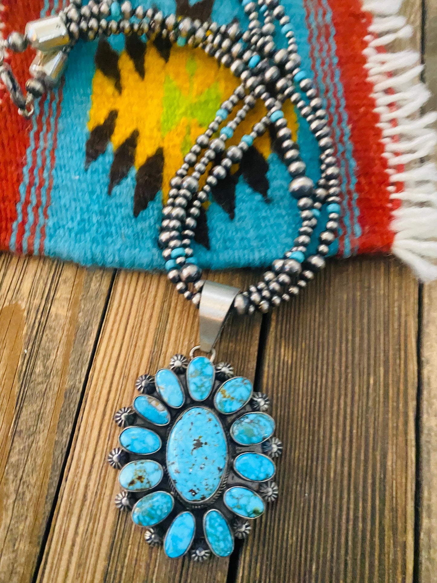 Navajo Sterling Silver & Kingman Turquoise Beaded Necklace
