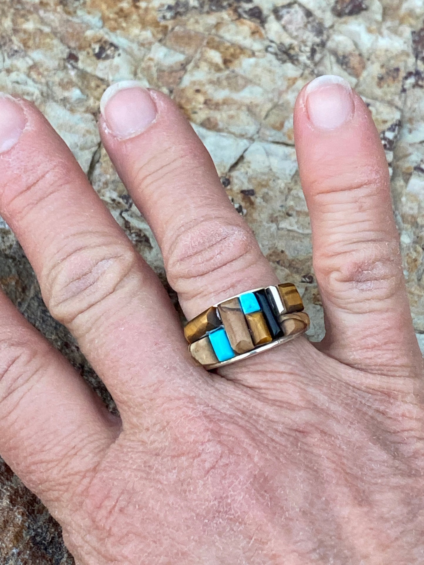 Navajo Turquoise Onyx, Petrified Wood & Sterling silver Ring