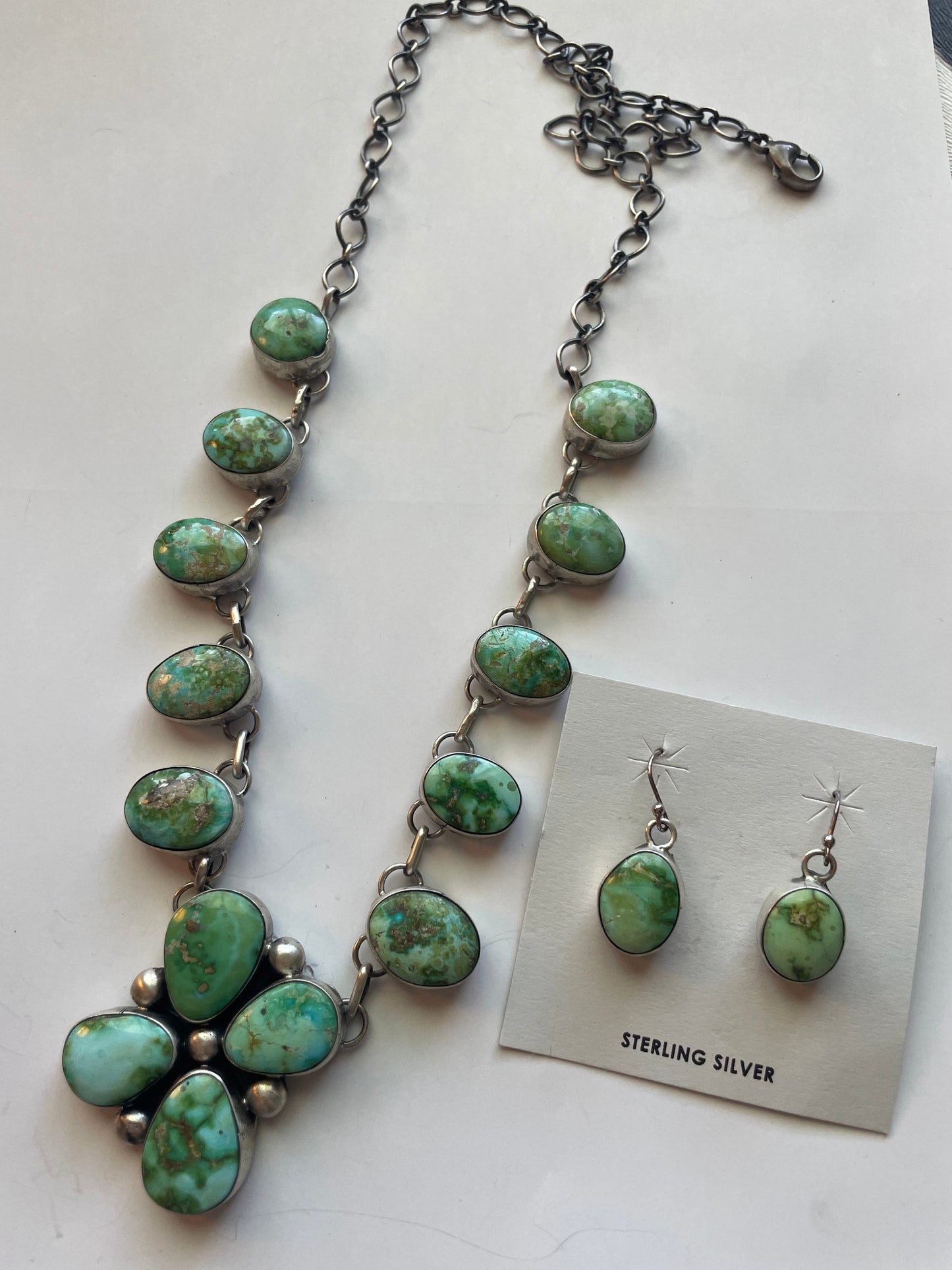 Beautiful Navajo Sterling Silver Sonoran Mountain Turquoise Necklace & Earring Set Signed B Johnson