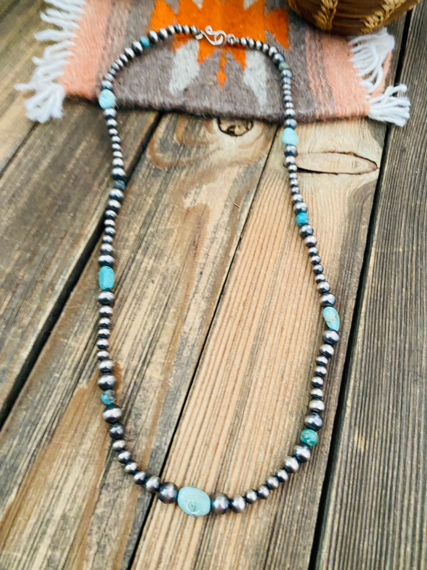 Handmade Sterling Silver & Turquoise Beaded Necklace 20”