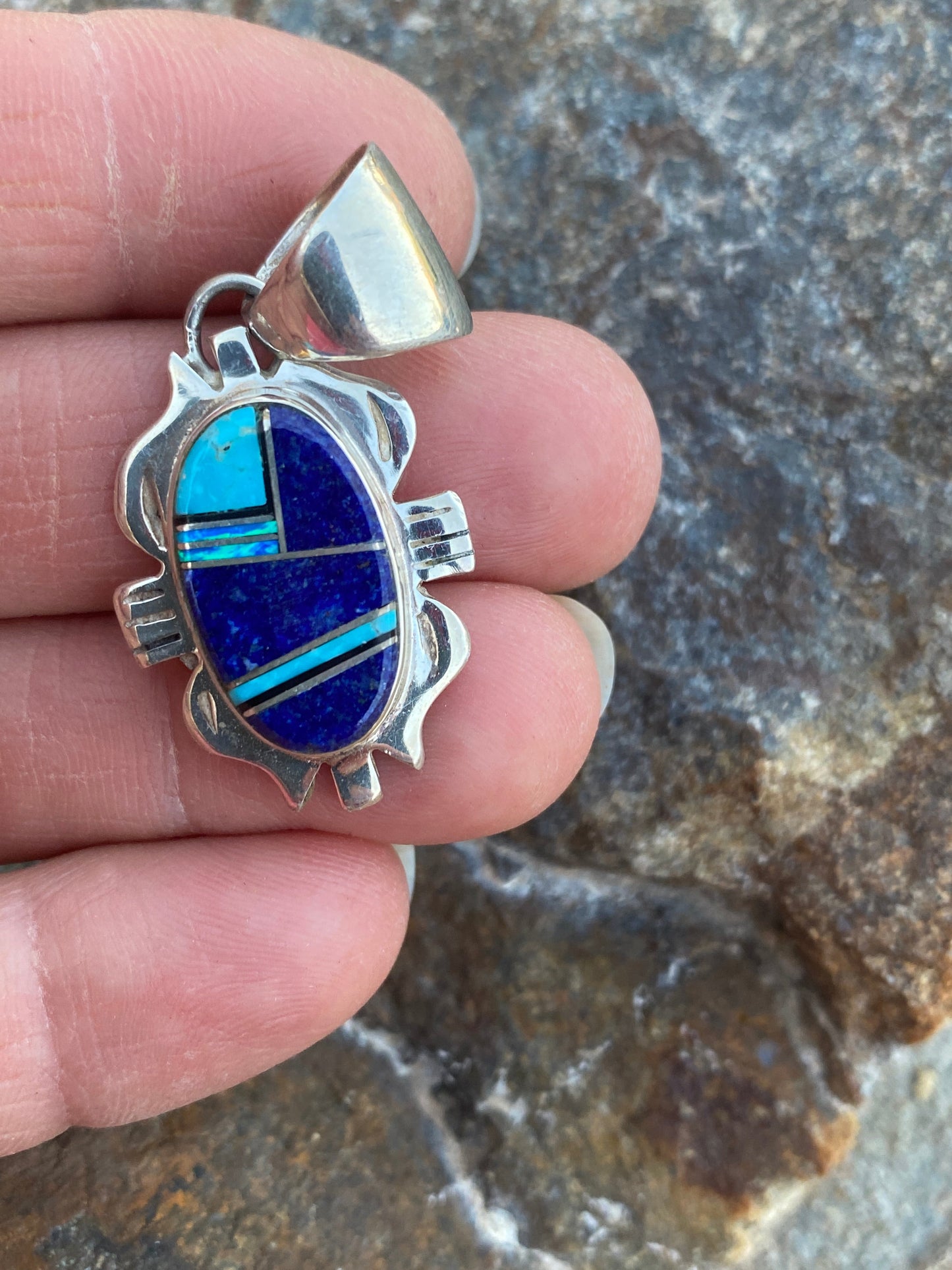 Navajo Lapis, Turquoise, Blue Jagged Opal Oval Pendant
