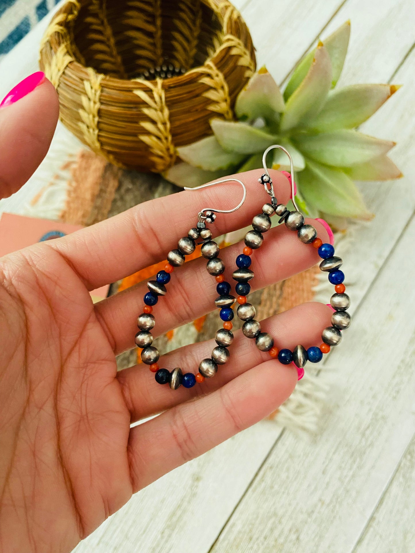 Handmade Coral, Lapis And Sterling Silver Beaded Dangle Earrings