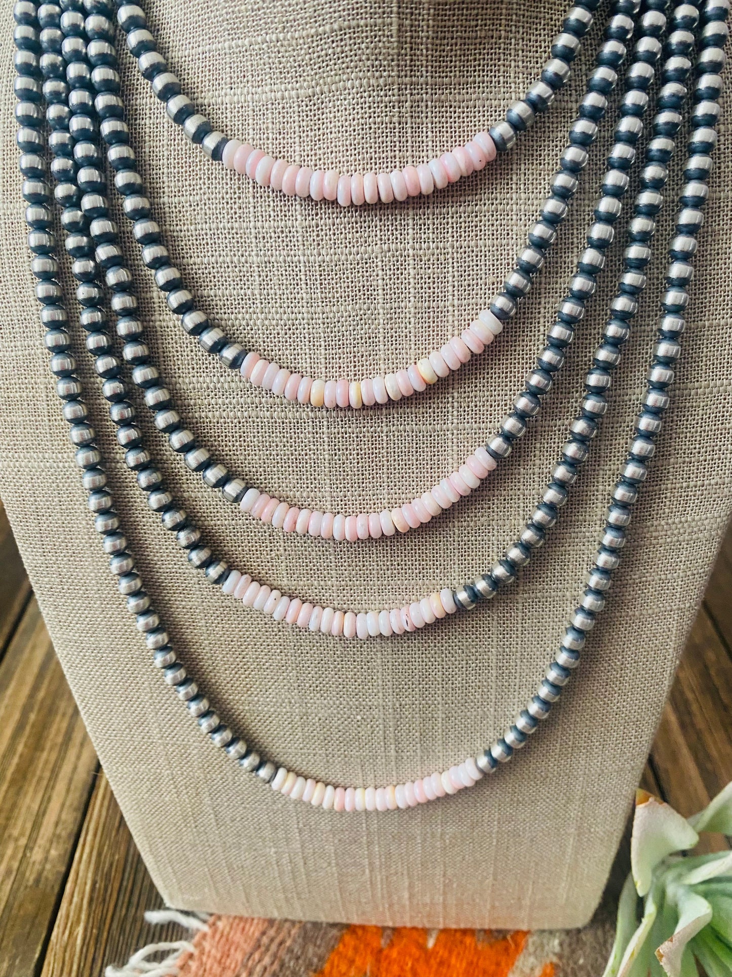 Navajo Sterling Silver Pearl & Queen Pink Conch Beaded Necklace