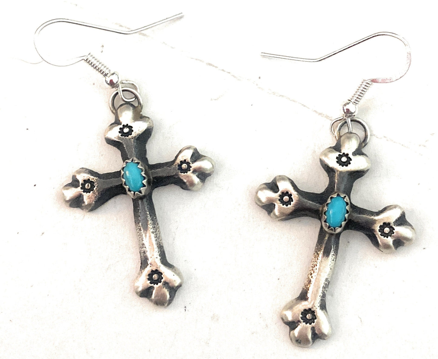 Navajo Sterling Silver & Turquoise Cross Dangle Earrings