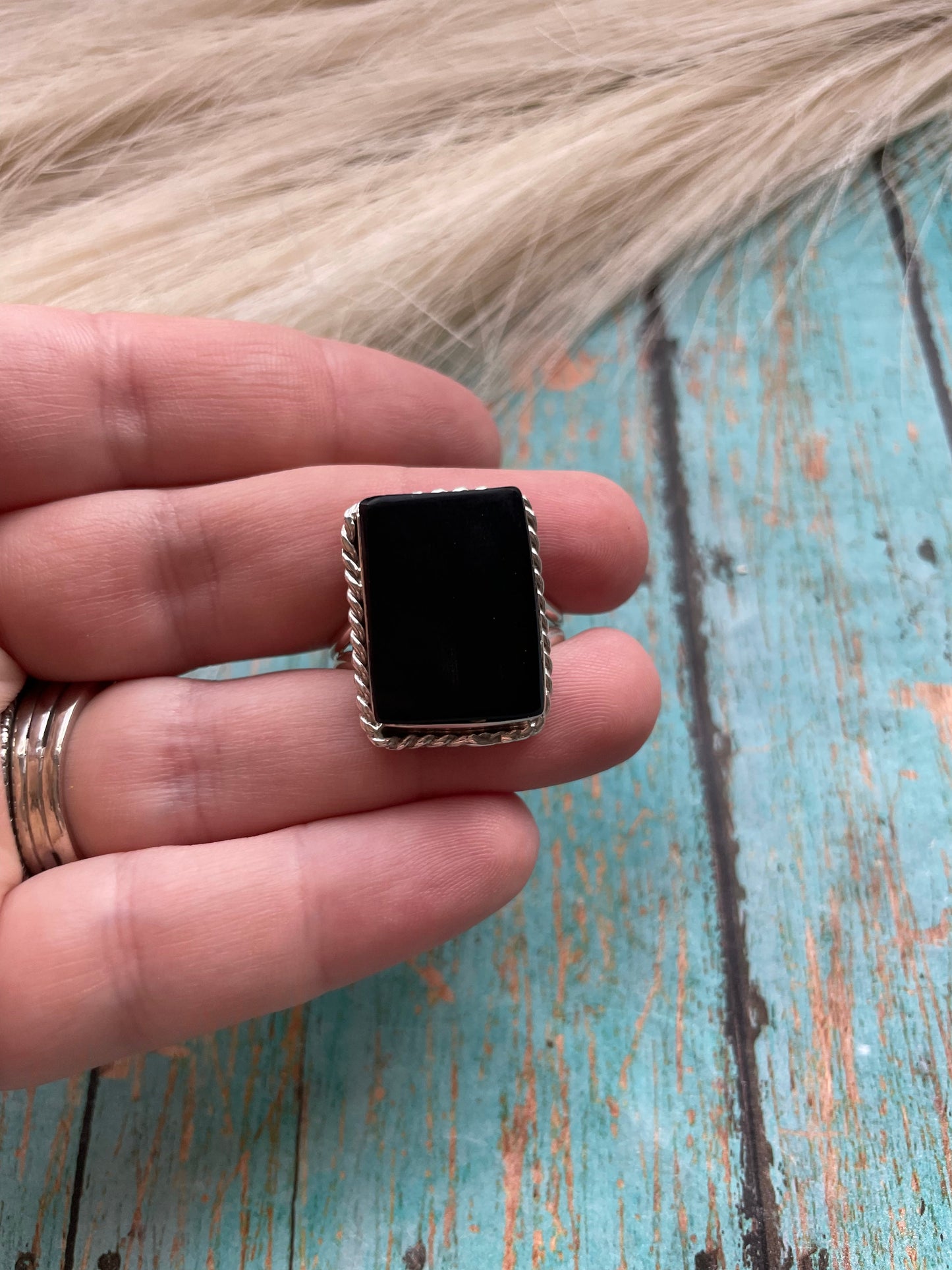 Navajo Sterling Silver Black Onyx Ring Signed Size 13