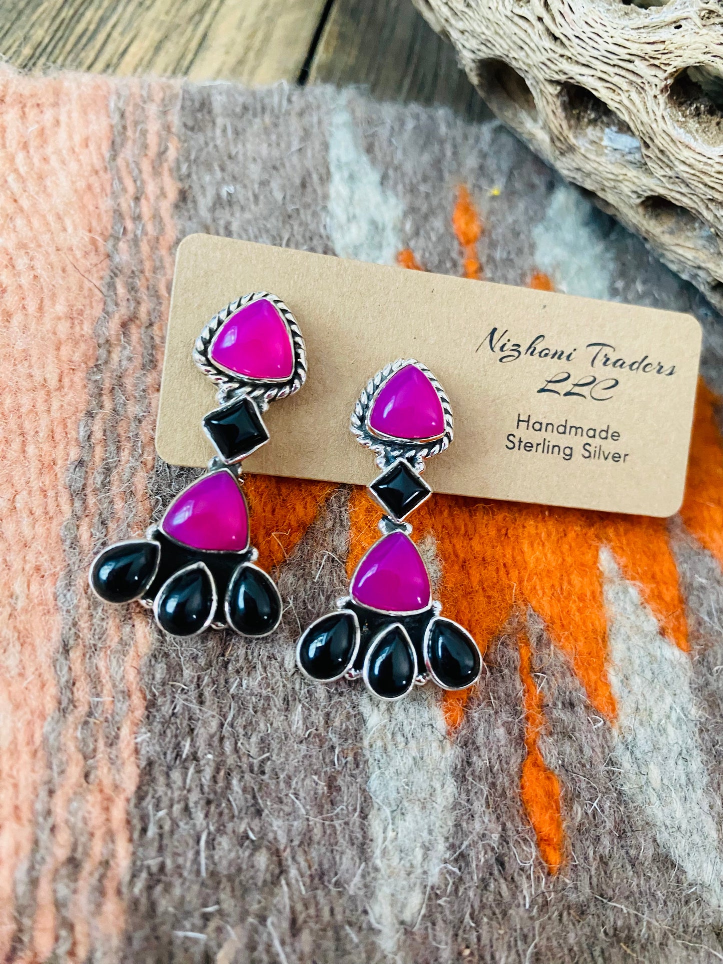 Handmade Pink & Black Onyx Sterling Silver Post Earrings Signed Nizhoni