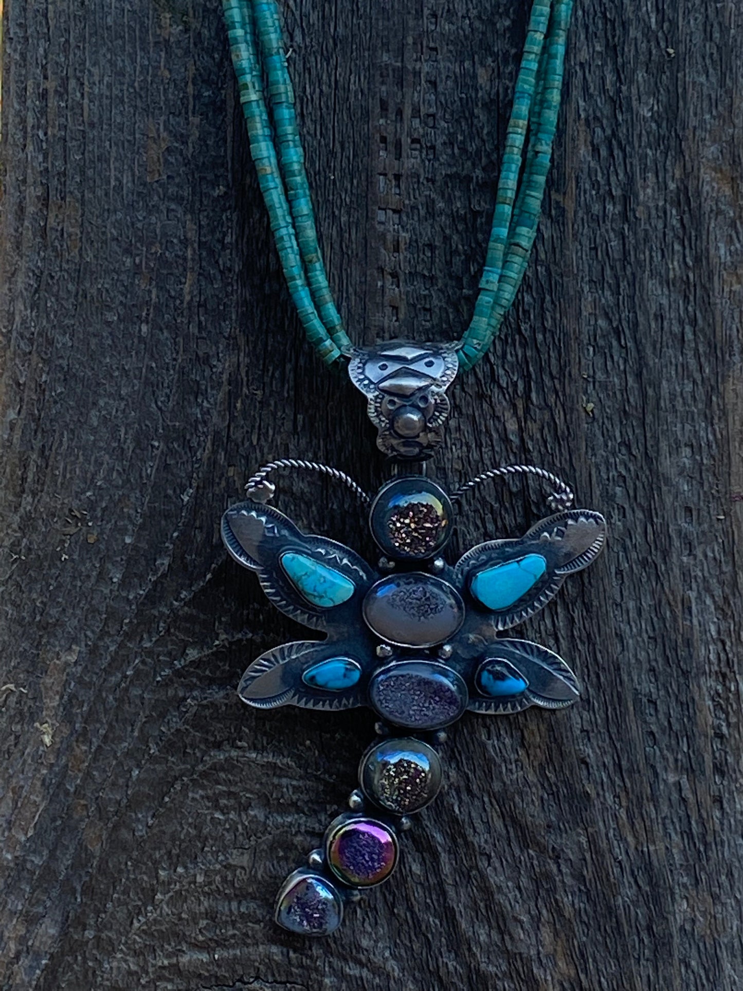 Shawn Cayatenito Sterling Silver Kingman Turquoise & Druzy Dragonfly Pendant