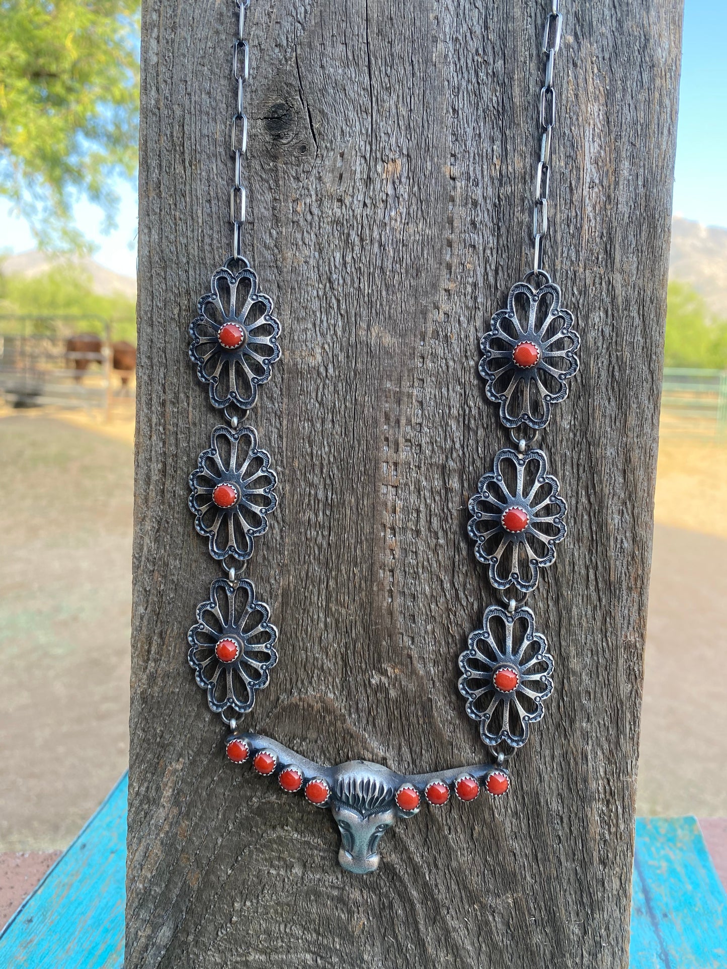 Navajo Sterling Silver & Coral Bull Head Necklace Set By Kevin Billah