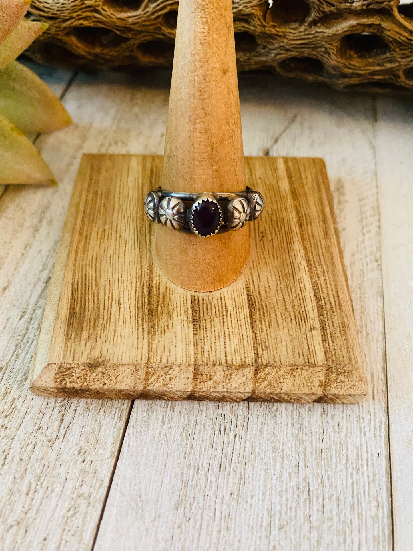 Navajo Purple Spiny and Sterling Silver Concho Band Ring