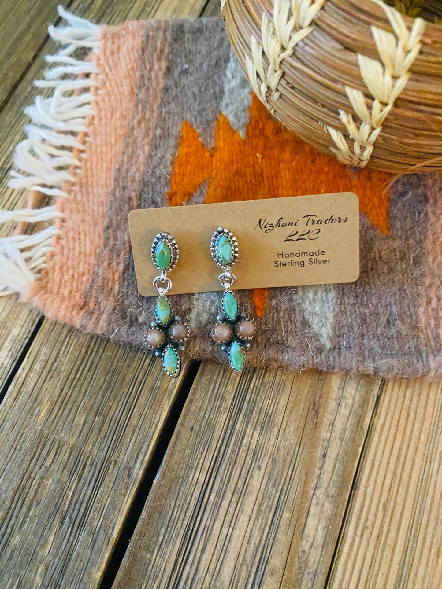 Handmade Mother of Pearl, Turquoise & Sterling Silver Dangle Earrings
