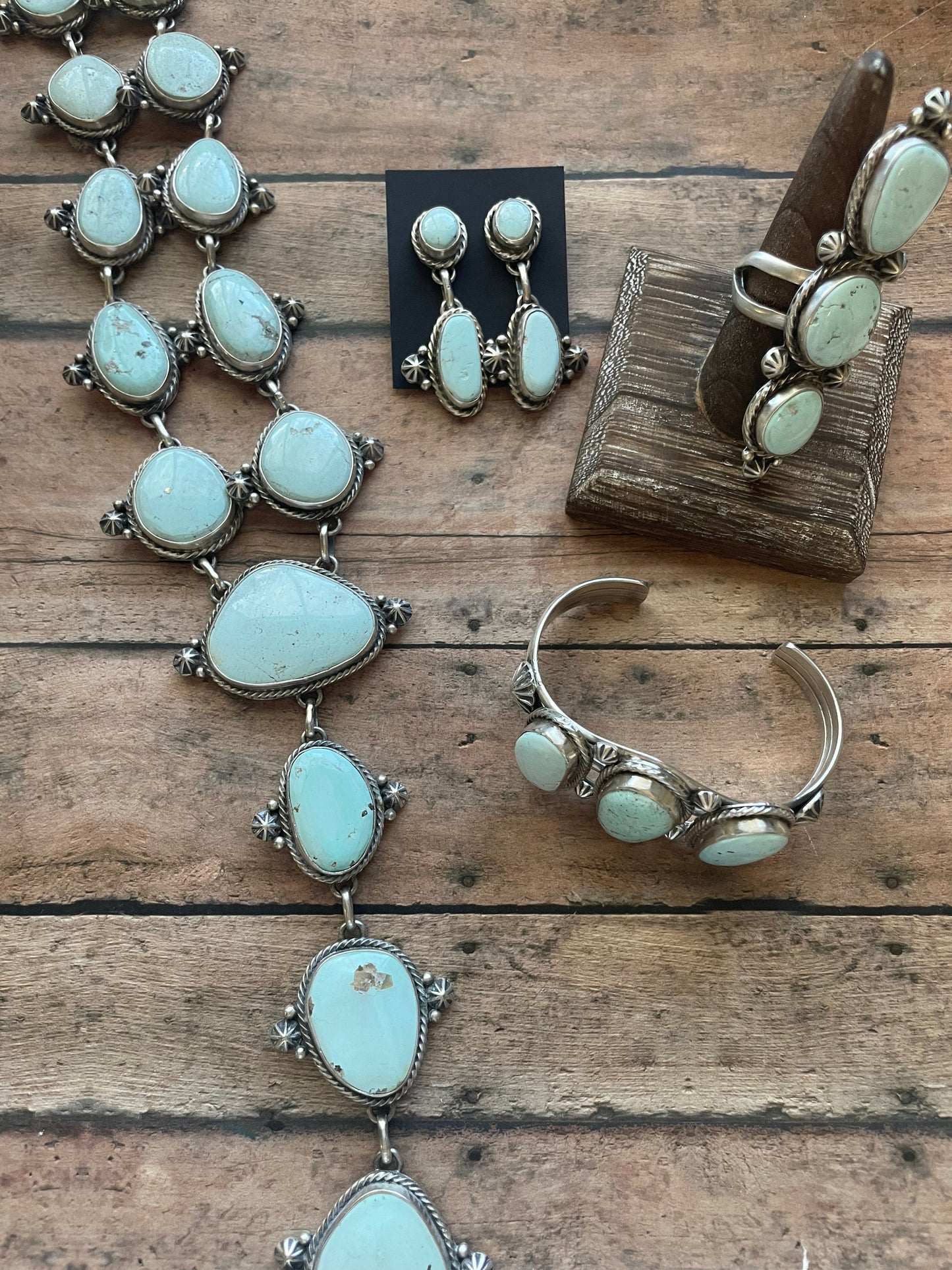 Larry Kaye Navajo Dry Creek Turquoise Drop Necklace, Earrings, Ring, Bracelet Set