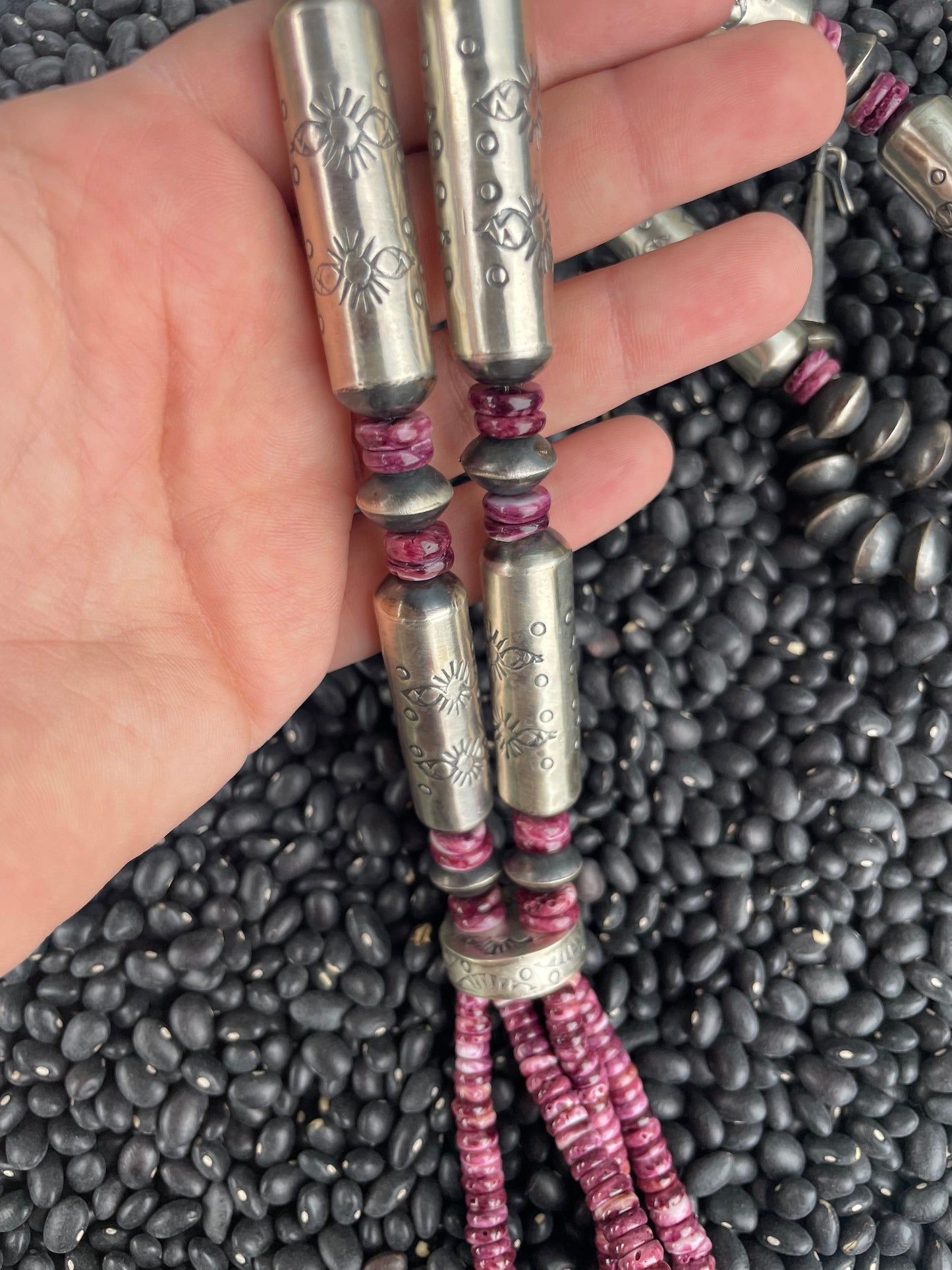 Navajo Purple Spiny Sterling Silver Beaded Necklace Earrings Set