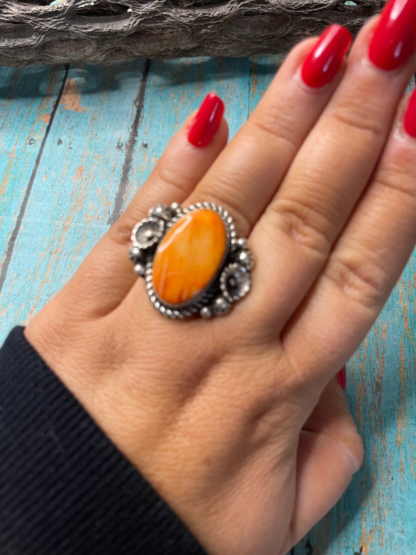 Old Pawn Navajo Sterling Silver & Orange Spiny Ring Size 7.5