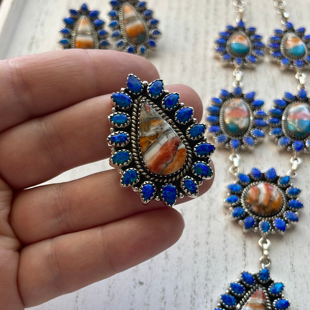 Nizhoni Traders Handmade Spice, Blue Fire Opal & Sterling Necklace Earrings Ring Set