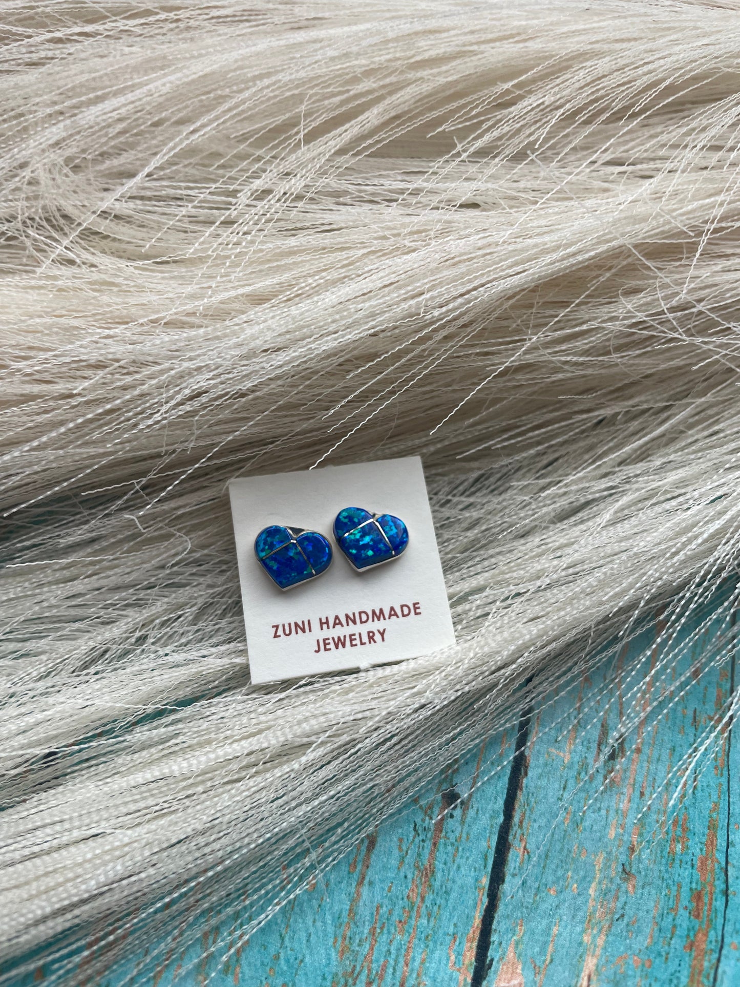 Zuni Sterling Silver & Blue Opal Inlay Heart Stud Earrings