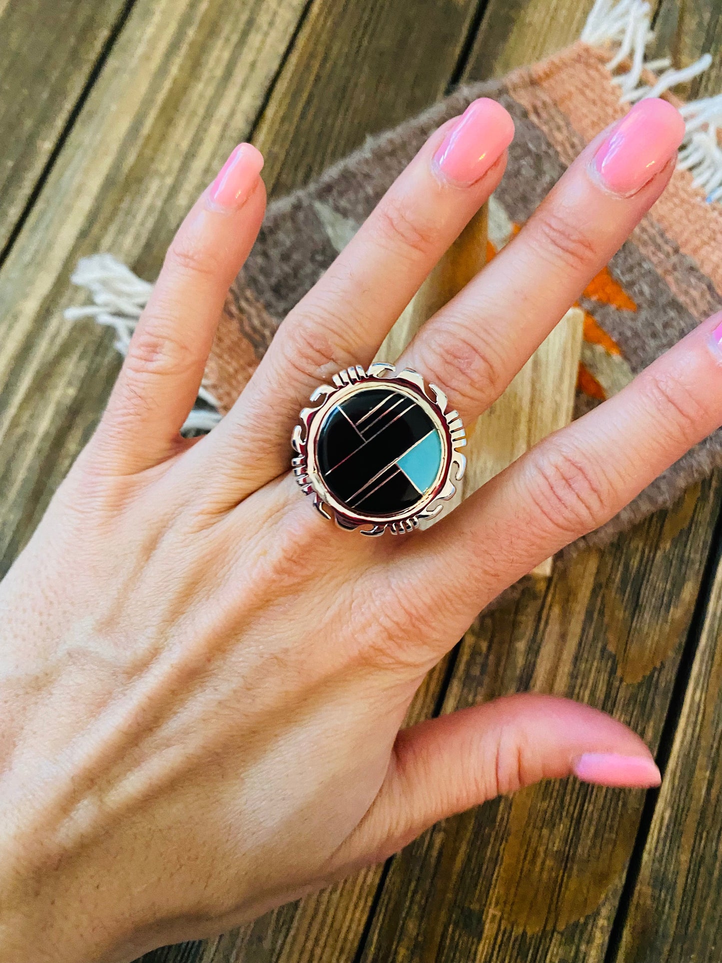 Navajo Sterling Silver, Onyx & Turquoise Inlay Ring Size 6.25