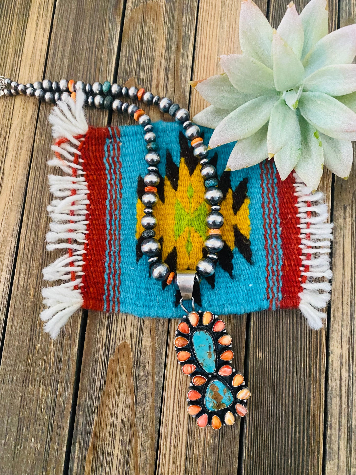 Navajo Sterling Silver, Turquoise & Spiny Beaded Necklace
