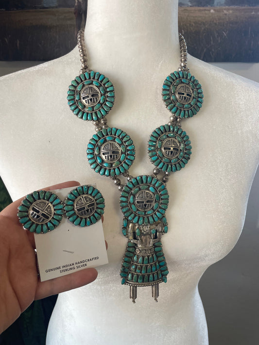 Vintage Navajo Sterling Silver And Turquoise Kachina Squash Blossom Necklace Earrings Set Signed