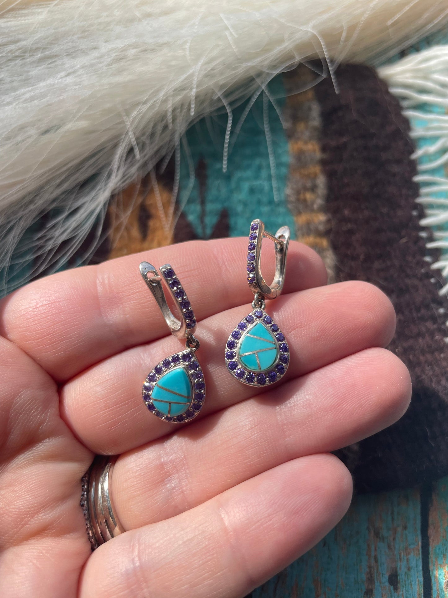 Navajo Turquoise Inlay, Garnet & Sterling Silver Dangle Earrings