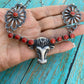 Navajo Sterling Silver & Coral Bull Head Necklace Set By Kevin Billah