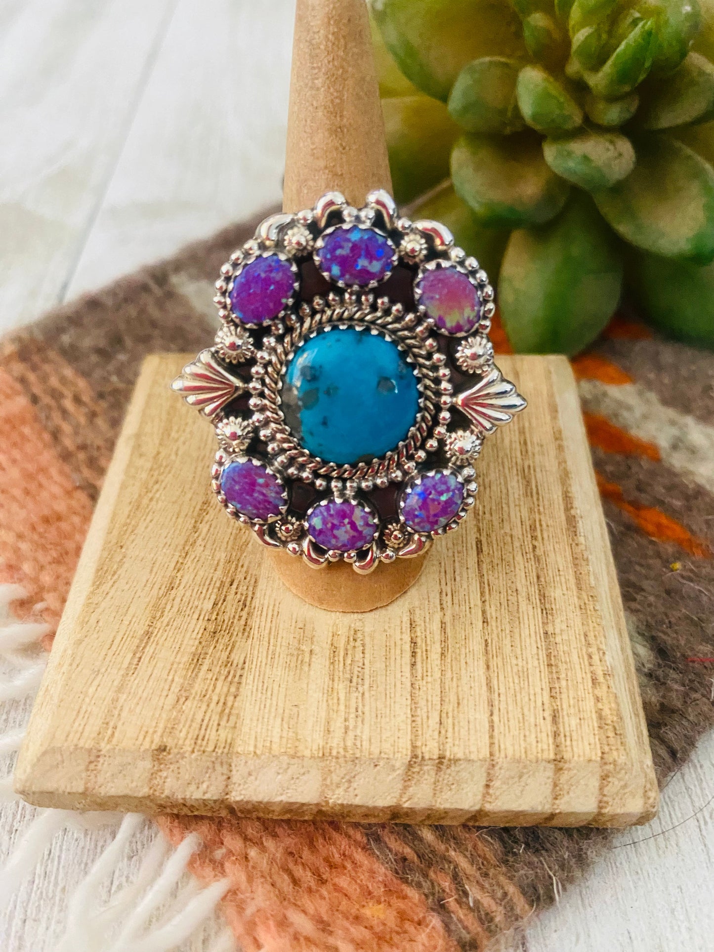 Handmade Sterling Silver, Turquoise & Opal Cluster Adjustable Ring