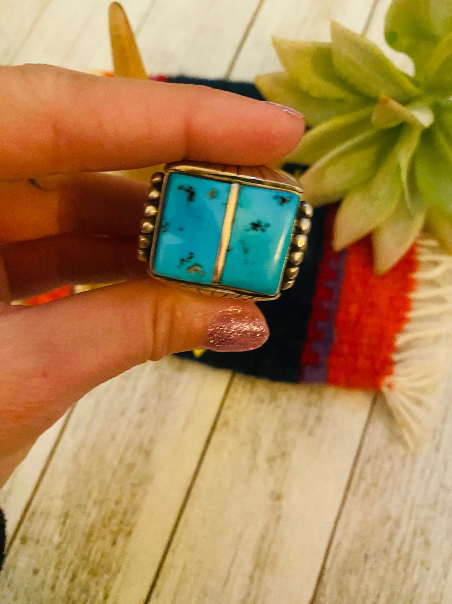 Old Pawn Vintage Navajo Sterling Silver & Turquoise Inlay Ring Size 10.5