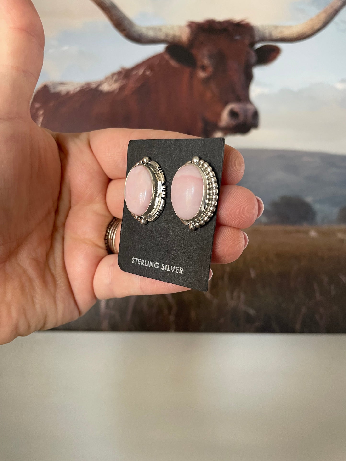 Navajo Sterling Silver Pink Conch Oval Stud Earrings