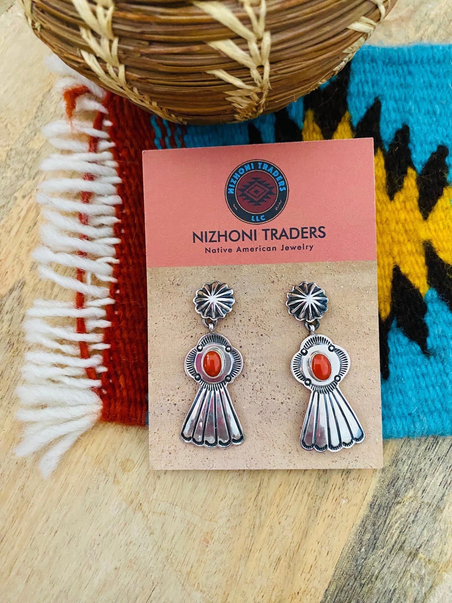 Navajo Coral & Sterling Silver Dangle Earrings By Kevin Billah